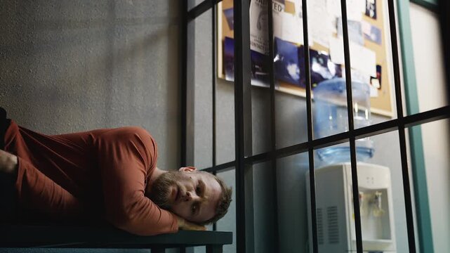 Nervous male detainee lying on a bench inside a jail cell, awaiting trial