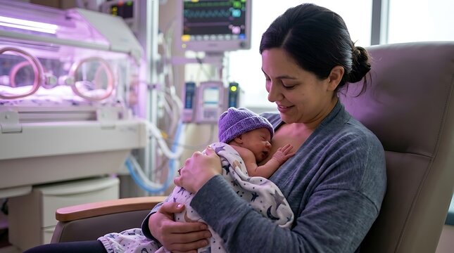 Mother holding her premature newborn baby in a hospital nicu room