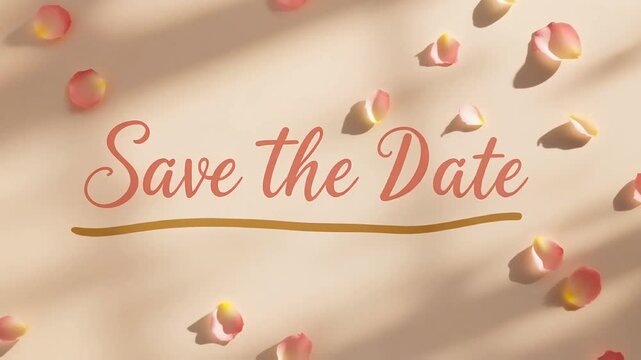 Animated Save the Date text appearing on peach background with pink rose petals