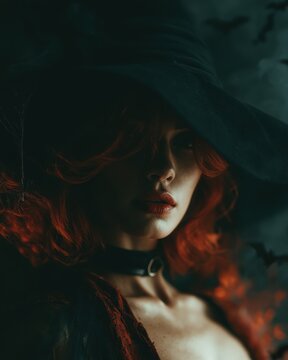 a high-fashion portrait of a cryptic witch with fiery red hair. The large black hat brim obscures her eyes. Her ruby-red lips are in focus. A black choker with a ring is visible