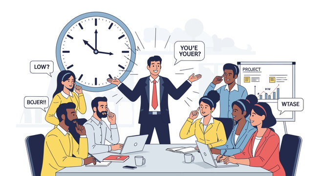 Team working together on a busy day with boss at office meeting