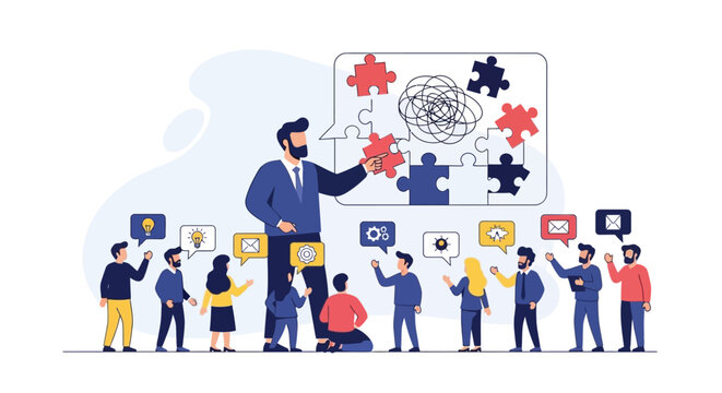 A boss encourages team on a busy work day with puzzle pieces.