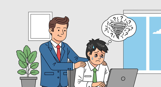 The boss stands beside a stressed employee on a busy day in an office.