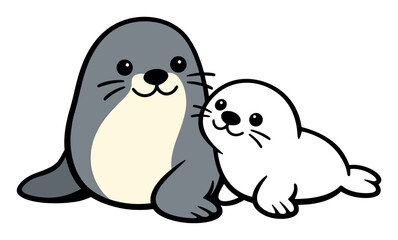 Fototapeta premium Cute cartoon seals. Adult marine animal and pup illustrating family love, parenthood, connection, and childhood
