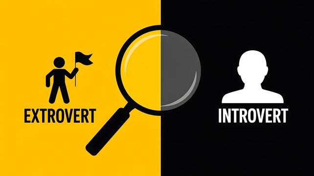 Extrovert and introvert personality comparison concept with magnifying glass