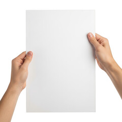 Obraz premium Hands holding a blank white paper isolated on transparent background