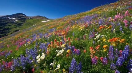 Obraz premium A Vibrant Field of Diverse Wildflowers Blooming on a Lush Mountain Slope Under a Clear Blue Sky