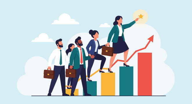Smiling boss leads team on a successful day with growth graph and coworkers