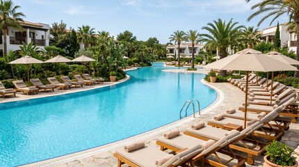 Fototapeta premium Luxury Resort Swimming Pool with Sunbeds, Summer Vacation Travel made by AI generative