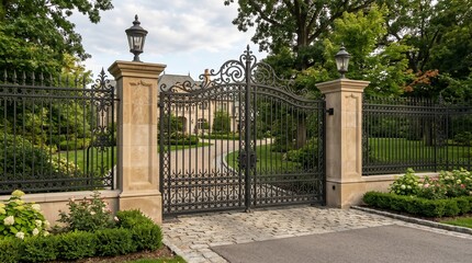 Fototapeta premium Luxury Mansion Gate and Estate Entrance with Iron Fence, Wealth Property made by AI generative