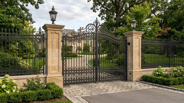 Luxury Mansion Gate and Estate Entrance with Iron Fence, Wealth Property made by AI generative
