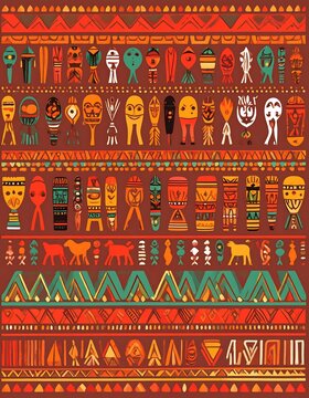 Vibrant Tribal Mask Pattern Arranged in Horizontal Bands on Textured Background