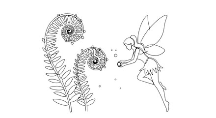 Outline drawing of a fairy with wings holding a glowing orb near a fern frond © Papa