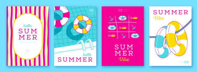 Set of summer colorful  striped sea vacation posters or covers with inflatable swim rings. Summer vibe backgrounds. Vector illustration © annbozhko