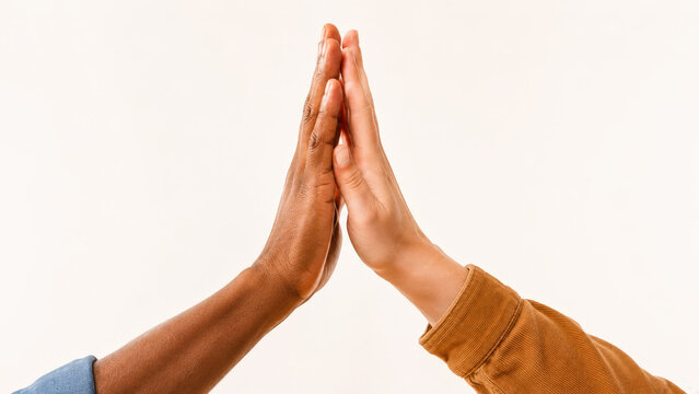 Diverse hands high five isolated on transparent background, symbolizing unity and success
