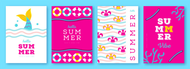 Set of summer colorful  striped sea vacation posters or covers with inflatable swim rings. Summer vibe backgrounds. Vector illustration © annbozhko