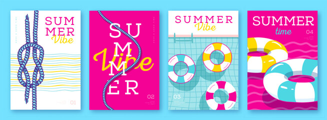 Set of summer  colorful striped sea vacation posters or covers with inflatable swim rings. Summer vibe backgrounds. Vector illustration © annbozhko