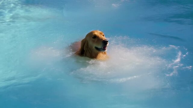 Dog jumping into swimming pool in slow motion with energetic splash capturing fun and lively movement in a single continuous scene