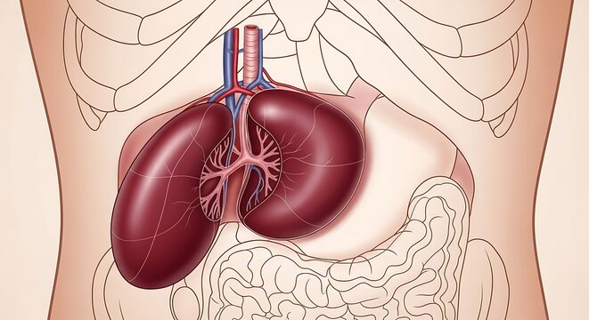Illustration of human kidneys and urinary system anatomy.