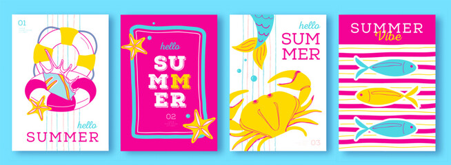 Set of colorful summer striped sea vacation posters or covers with inflatable swim ring, crab, fish, marmaid and shell. Summer vibe backgrounds. Vector illustration © annbozhko