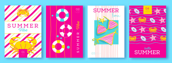 Set of summer colorful  striped sea vacation posters or covers with inflatable swim rings. Summer vibe backgrounds. Vector illustration © annbozhko