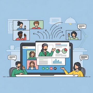 Diverse group of students learning online together.