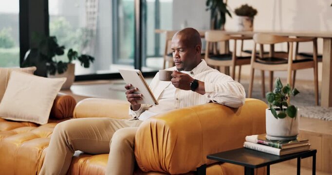 Black man, coffee and remote work in home with tablet, research and proofreading for copywriting. Journalist, beverage or freelancer in living room with digital, editing article and story publication