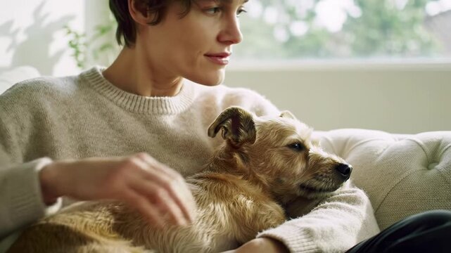 A gender-neutral person gently strokes a small dog on a plush sofa in a sunlit, minimalist living space, with creamy bokeh and soft natural light, fostering mutual affection and deep connection.