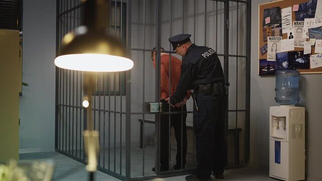 Police officer opening a jail cell and escorting a criminal for prison transfer