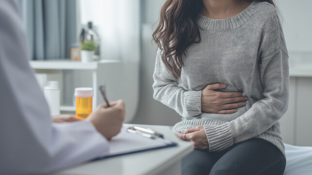 Doctor consultation with woman holding stomach during medical appointment, abdominal pain symptoms, digestive discomfort, gastrointestinal health, patient diagnosis, healthcare exa
