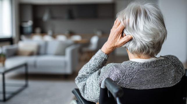 Lonely elderly woman sitting in wheelchair at home, senior disability and isolation concept, gray-haired woman facing away in modern living room, emotional aging, limited mobility,