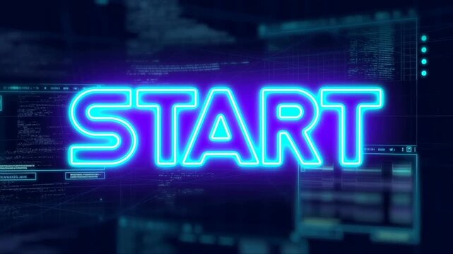 Tracking shot of neon start holographic text pulsing and flickering over blurred futuristic control room user interface and server terminal