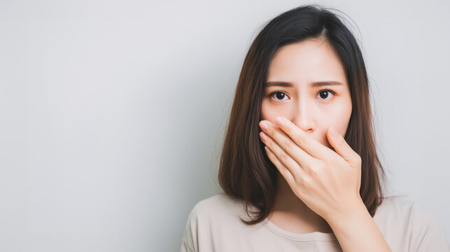 Woman covering mouth with hand and worried expression, bad breath or dental health problem concept, halitosis awareness, oral hygiene, morning breath, anxiety, embarrassment and he