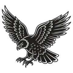 Naklejka premium Aggressive eagle in flight with sharp claws and outstretched wings in monochrome graphic illustration isolated on transparent background