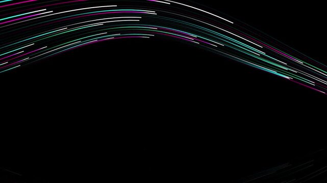 Splendid and high-quality neon cyber lightspeed stream wave looping motion graphics. Features glowing neon pink, cyan, and emerald fiber optic light trails running horizontally over a polished dark 