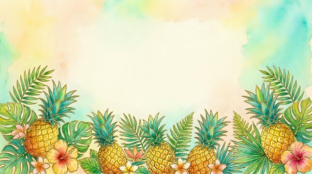 Tropical pineapple and hibiscus border with palm fronds on watercolor background, suitable for summer designs, invitations, and greeting cards.