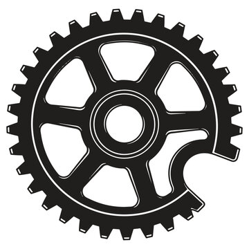 Black gear wheel with teeth and spokes isolated on white background