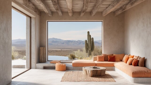 Desert Oasis Living Room: A serene living space seamlessly blends indoor comfort with the breathtaking vista of a desert landscape.