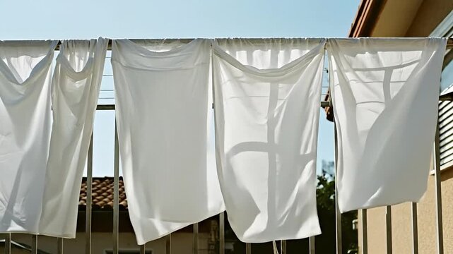 White fabric blowing in the wind on a clothesline outdoors.