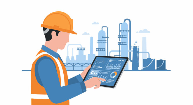 Worker in hard hat and vest checks industrial plant data on tablet