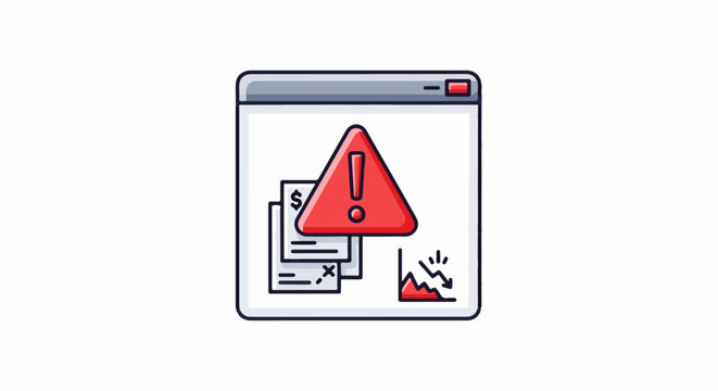Digital warning icon over financial documents and a declining graph within a window