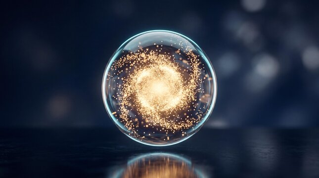Glowing orb with sparkling particles on reflective surface