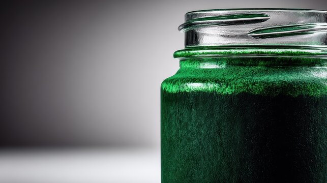 Green Spirulina Powder in Jar: A close-up shot of a glass jar filled with vibrant green spirulina powder, showcasing its fine texture and rich color.