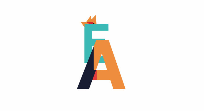 Overlayed geometric letters F and A in teal, orange, navy, and red against white
