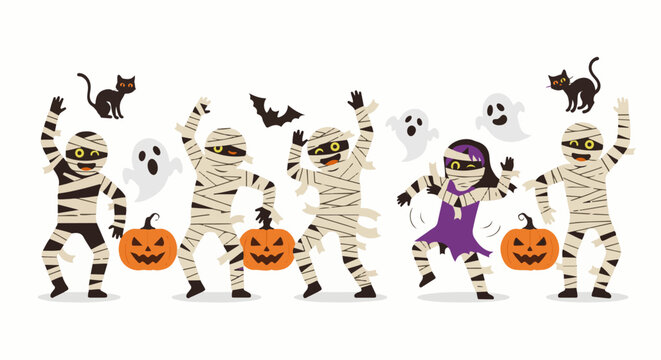 A fun Halloween scene with mummies, ghosts, pumpkins, bats, and black cats celebrating