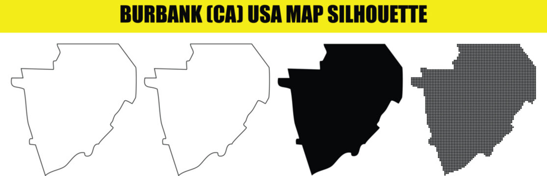 Burbank (CA) usa map silhouette isolated on transparent background, outline, solid, and dotted map.