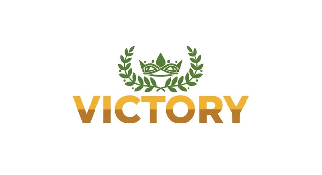 Golden Victory Text Logo with Green Laurel Wreath and Crown Icon Vector Illustration