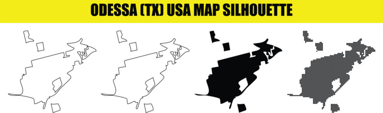 Odessa texas usa map city silhouette vector collection with solid outline dotted and filled shapes for infographics.