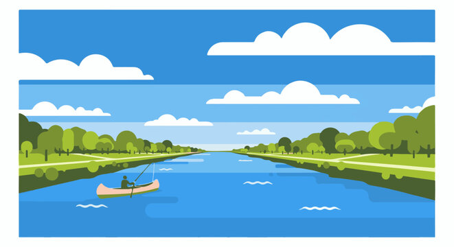 A lone angler in a canoe navigates a calm river flanked by lush green trees under a bright blue sky with fluffy clouds