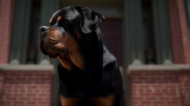 Slow motion footage of a rottweiler guard dog with alert expression standing in front of a brick house demonstrating loyalty strength